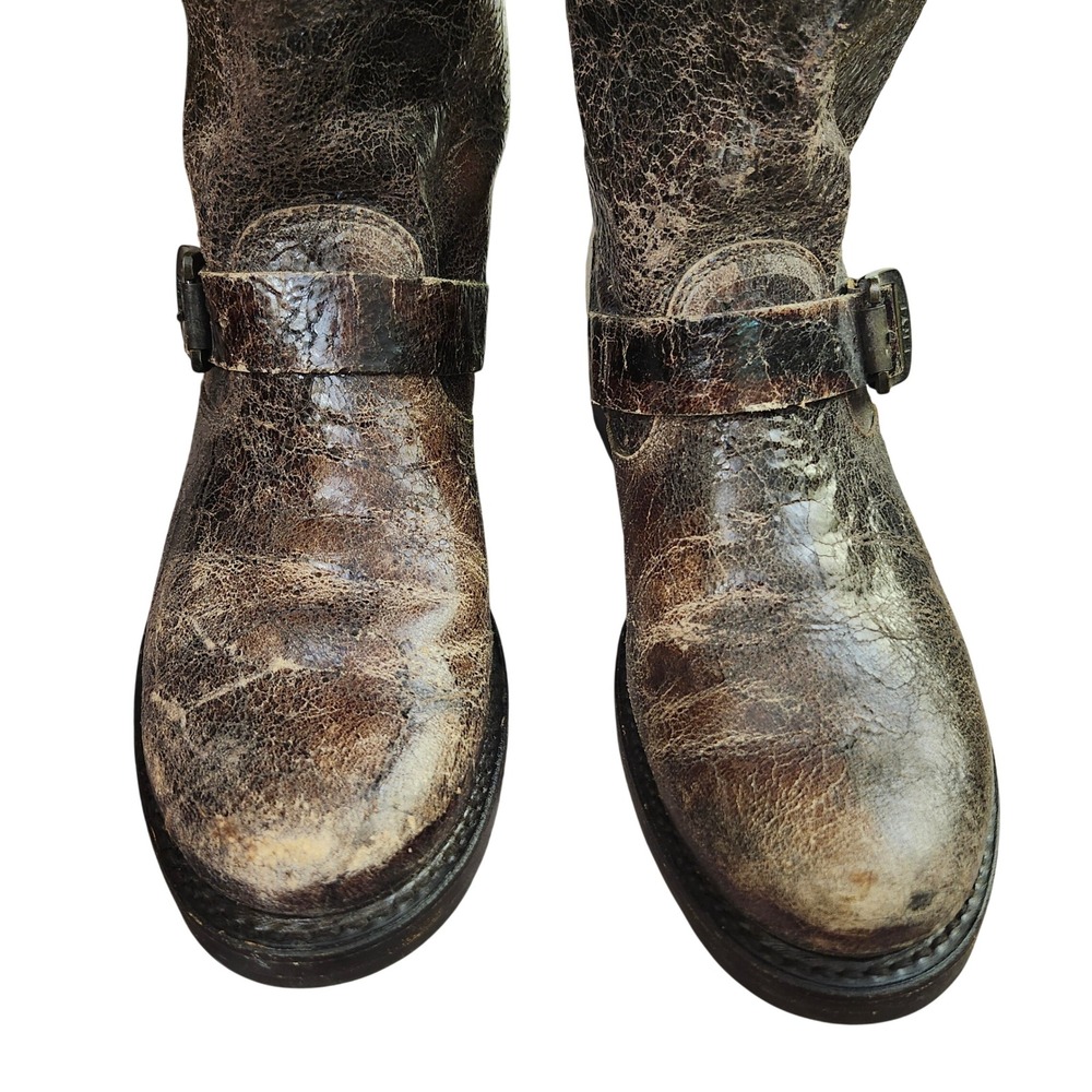 Frye Veronica short distressed brown leather Grunge moto harness boots L 8.5 - Picture 2 of 14